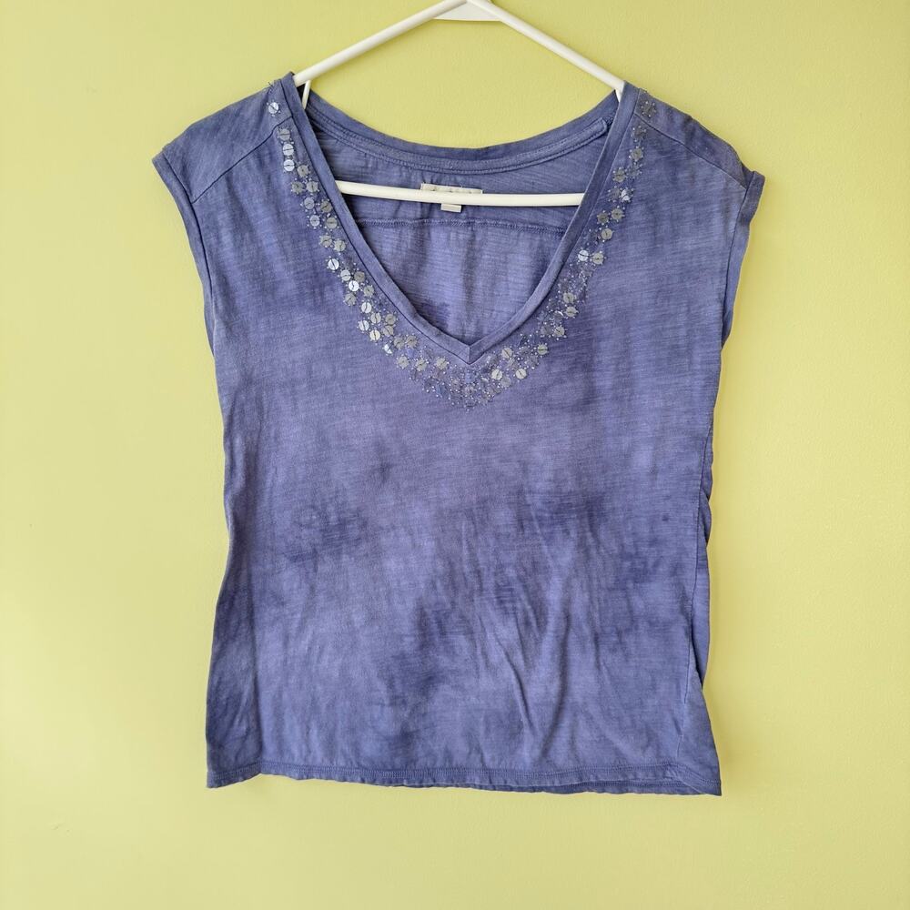American Eagle Women’s XS Beaded Top Cotton Blue V Neck Short Sleeves Boho Y2K